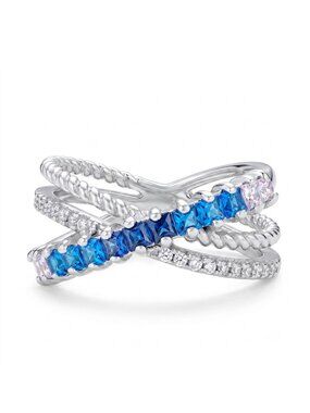 Blue Sapphire Swarovski crystal criss cross ring, 925 Sterling Silver